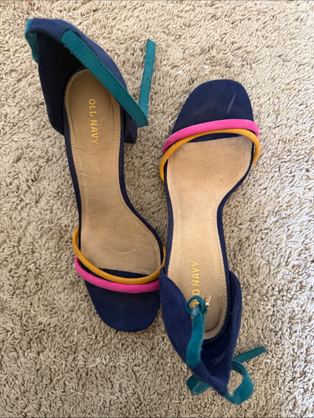 Old Navy Navy Suede Ankle-Strap Heels with Pink, Mustard & Teal Accents